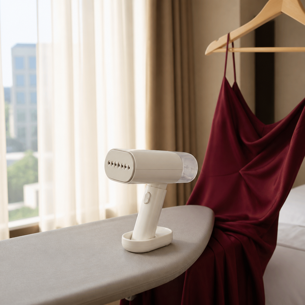 A handheld travel steamer on a board next to a hanging dress