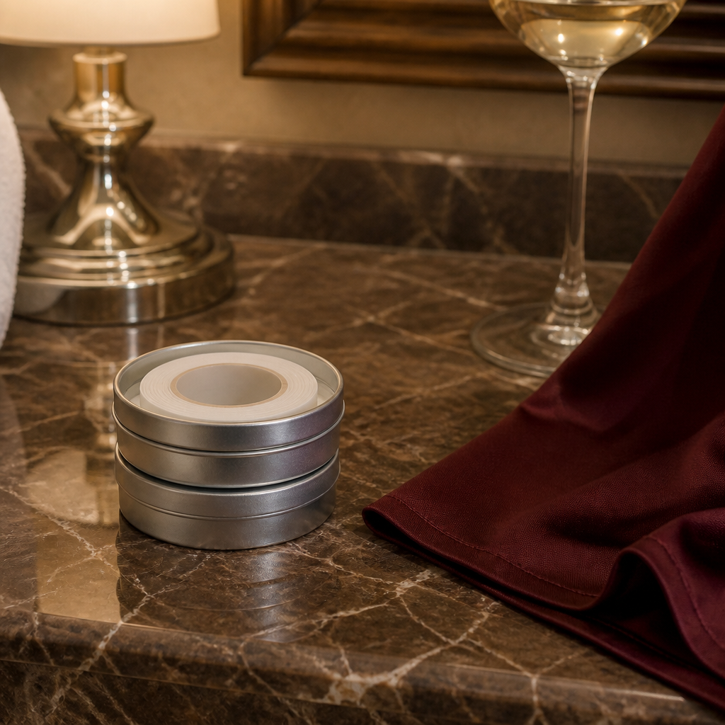 Round tins of fashion tape on a hotel counter